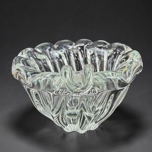 Vintage 1980s Italian Art Glass Scalloped Ruffled Ribbed Clear Heavy Bowl 5x3